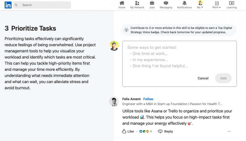 Un ejemplo de un miembro que contribuye a un artículo colaborativo en LinkedIn.