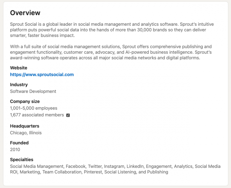 Un ejemplo de Sprout Social's about page on LinkedIn.