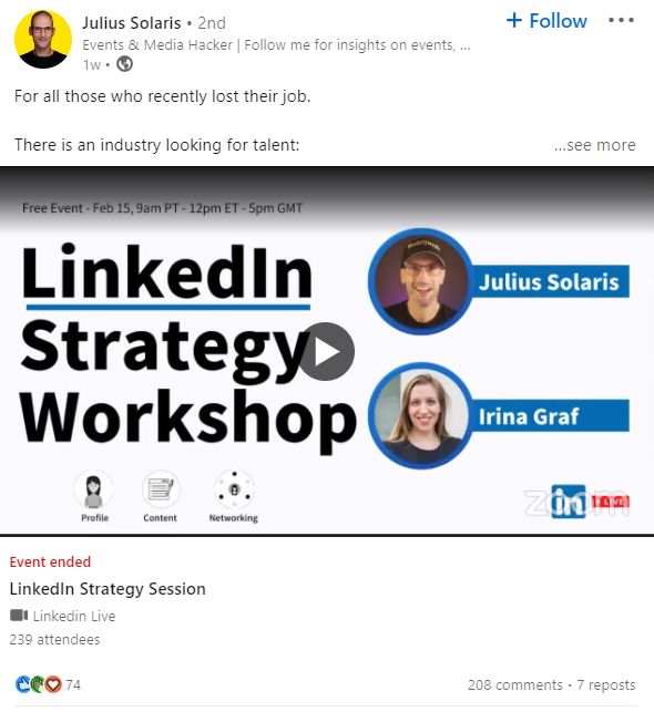   Ejemplo de taller de LinkedIn Live