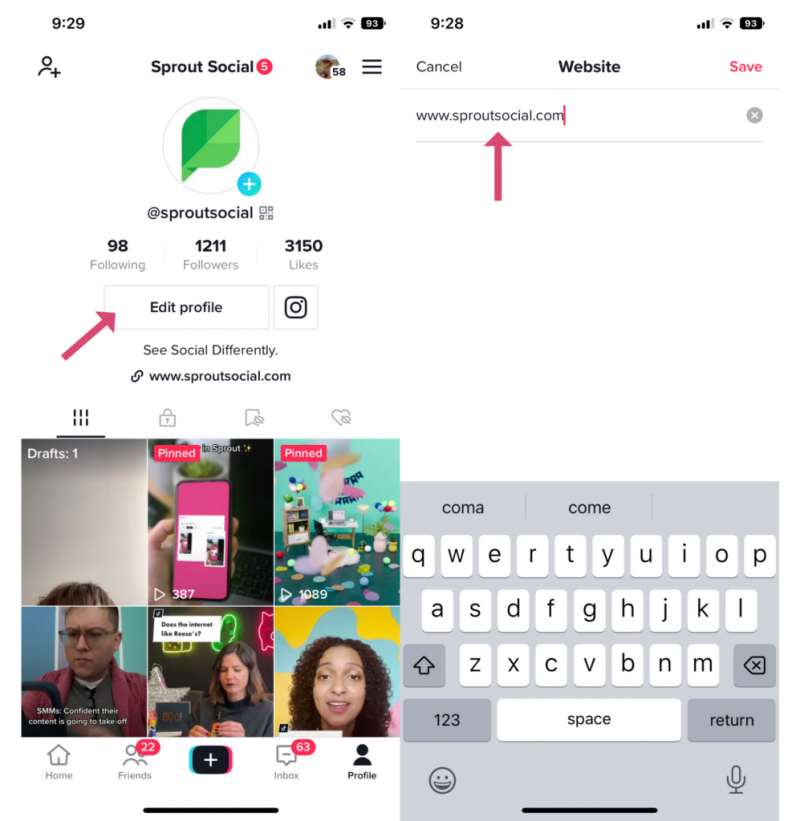 Dvije mobilne snimke zaslona TikTok aplikacije jedna pored druge: lijeva slika prikazuje ružičastu strelicu koja pokazuje na gumb Uredi profil na Sprout Social TikTok profilu. Desna snimka zaslona prikazuje ružičastu strelicu koja pokazuje na područje unosa web stranice u odjeljku za uređivanje profila.