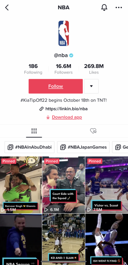 Snimka zaslona NBA lige's TikTok bio.