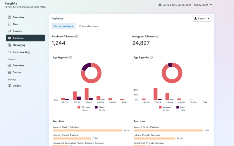   Panel zobrazující statistiky publika pro sledující na Facebooku a Instagramu, včetně demografických údajů a hlavních měst.