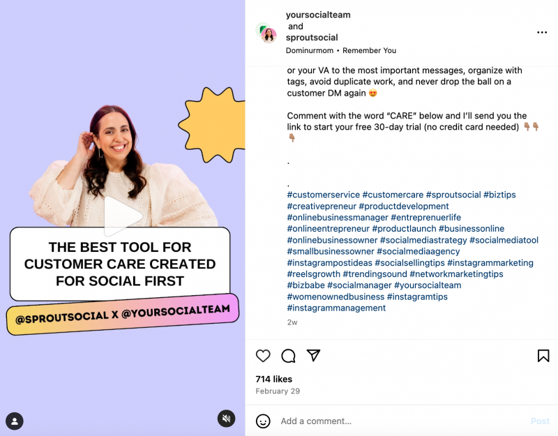 Un exemple de Sprout Social Reel qui utilise des hashtags dans la légende