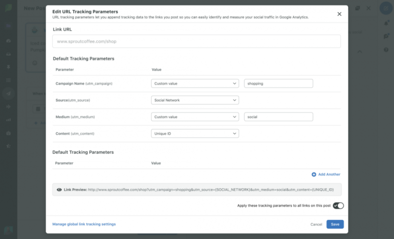 Snimka zaslona Sprouta's URL tracking parameters where you can set up trackable links to better measure the impact your social strategy has on the whole business.