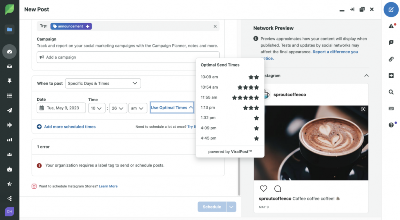 Snimka zaslona Sprouta's New Post compose interface where there's a dropdown showing the top 7 optimal send times for the post on the day it will be scheduled. This feature helps you post when your audience is most engaged.