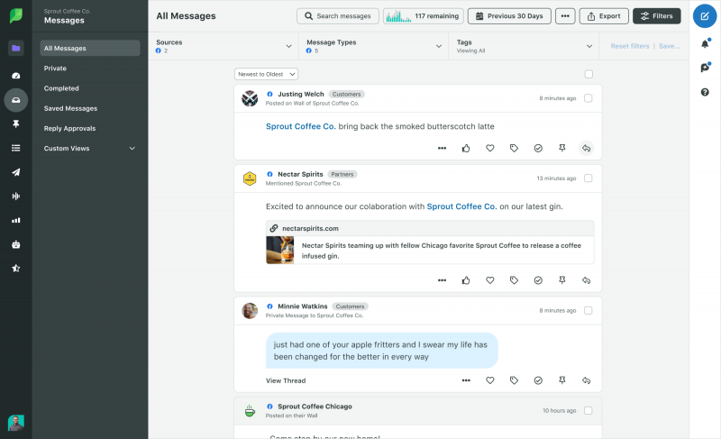   Sprout Social'ın Facebook mesajlarını gösteren Akıllı Gelen Kutusu.