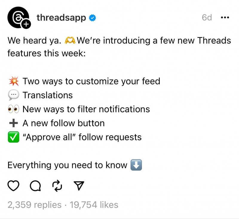   थ्रेड्स खाते (@threadsapp) से थ्रेड पोस्ट का स्क्रीनशॉट। पोस्ट में कहा गया है, ''हमने आपकी बात सुनी। हम इस सप्ताह कुछ नई थ्रेड्स सुविधाएँ पेश कर रहे हैं: आपके फ़ीड को अनुकूलित करने के दो तरीके, अनुवाद, सूचनाओं को फ़िल्टर करने के नए तरीके, एक नया फ़ॉलो बटन, 'सभी को स्वीकृत करें' फ़ॉलो अनुरोध'।