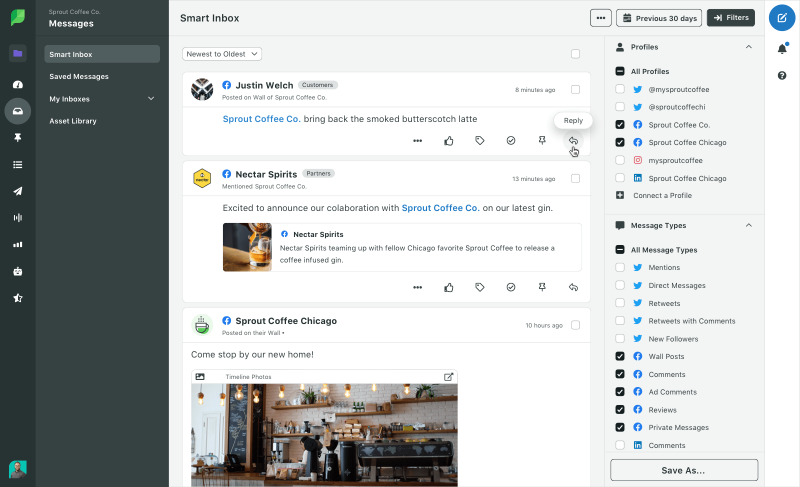 Snimka zaslona Sprout Social Smart Inbox za Facebook