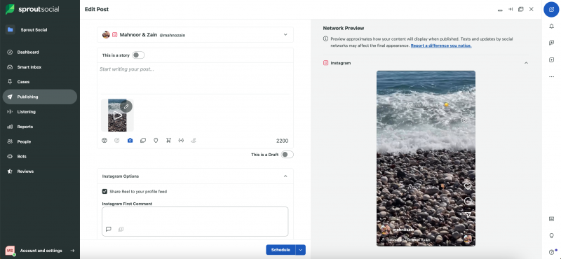 Skládání nového Instagram Reel ve Sprout Social