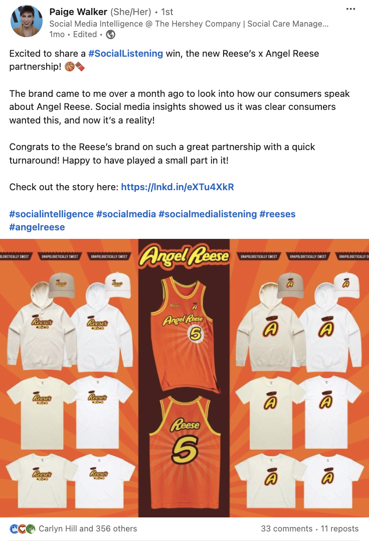   Un post su LinkedIn di Paige Walker su come Reeses ha utilizzato l'ascolto social per scoprire la loro partnership con la star della WNBA Angel Reese