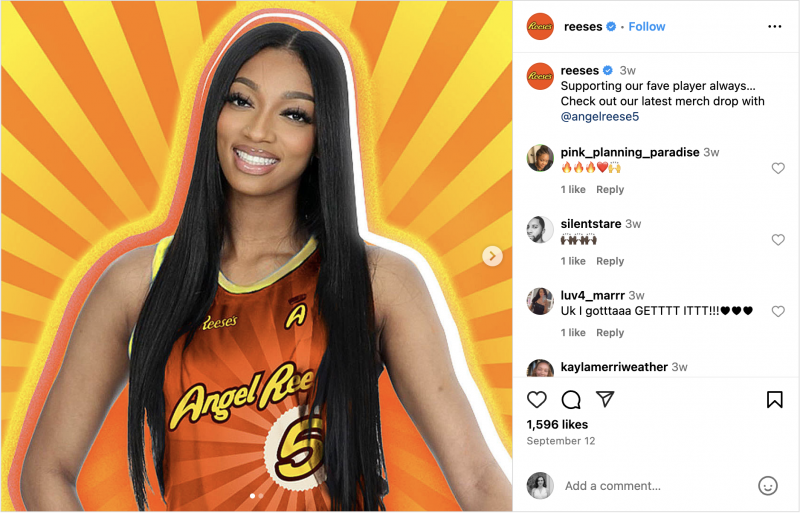   Un carosello di Instagram con Angel Reese che indossa la maglia della sua collaborazione con Reeses