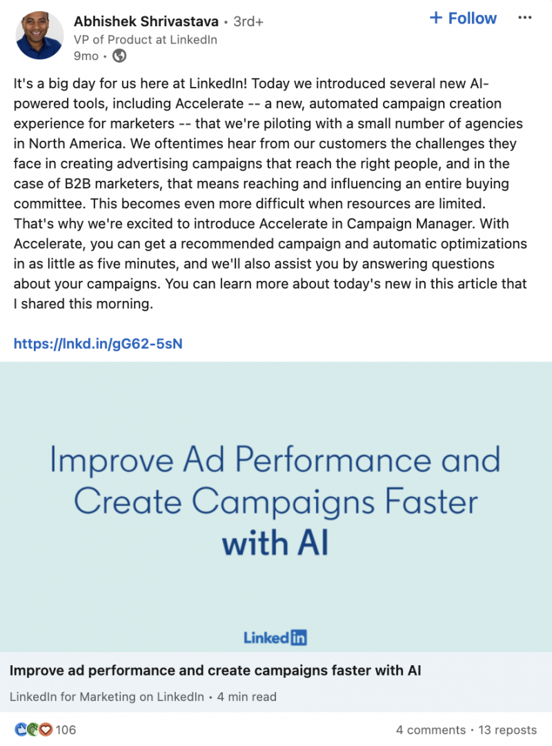   LinkedIn の Abhishek Shrivastava からの LinkedIn 投稿's VP of Product, announcing LinkedIn's new AI-powered campaign features.