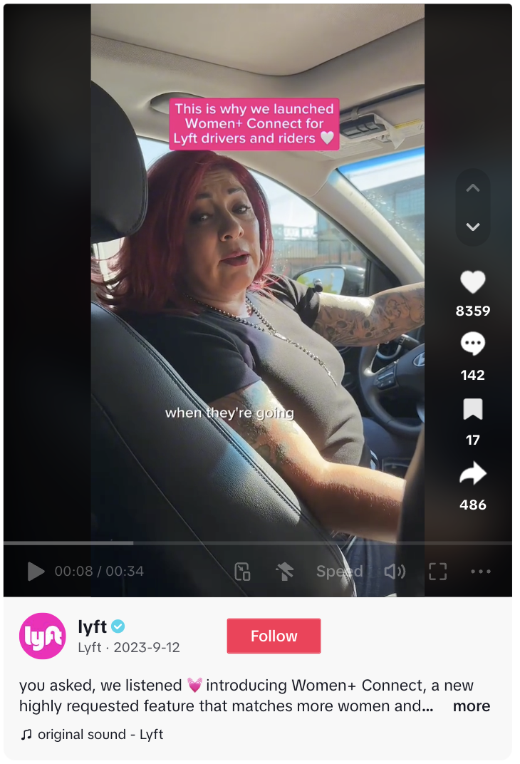   Une publication TikTok de Lyft mettant en vedette un vrai chauffeur parlant de sa nouvelle fonctionnalité Women+ Connect.
