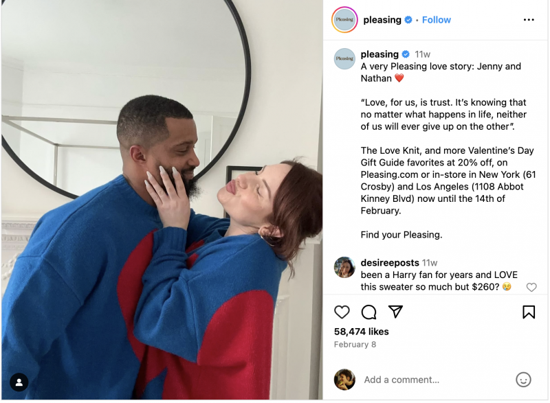   Une publication Instagram de Pleasing mettant en vedette un vrai couple, faisant la promotion de la marque's Valentine's Day Gift Guide.