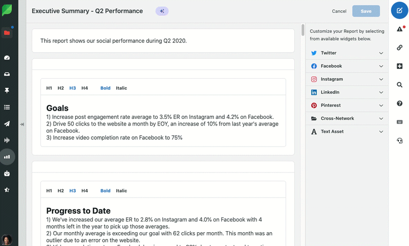 Una gif che mostra un report Sprout Social personalizzato che utilizza blocchi di testo come riepiloghi esecutivi per intrecciare il contesto tra i dati.