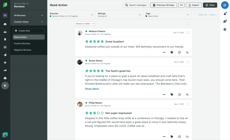 Sprout Social プラットフォームでのアクションが必要なトリップアドバイザーのレビューのスクリーンショット。すべてのレビューは合理的な単一ストリームに取り込まれます。