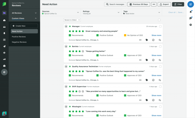Sprout Social プラットフォームでのアクションが必要な Glassdoor レビューのスクリーンショット。すべてのレビューは合理的な単一ストリームに取り込まれます。