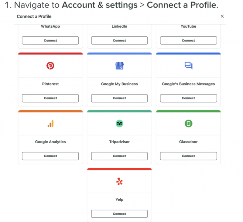 スプラウトのスクリーンショット's Connections wizard to connect to different review sources, including Google My Business, TripAdvisor, Glassdoor and Yelp.