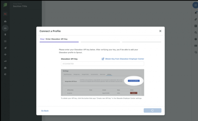 API キーを要求する Sprout Social の Glassdoor ウィザードのスクリーンショット