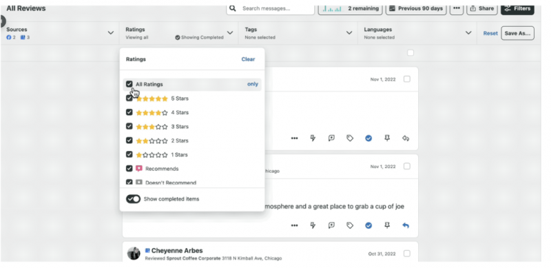 スプラウトのスクリーンショット's review tool where you can chppse reviews based on ratings, tags or dates.