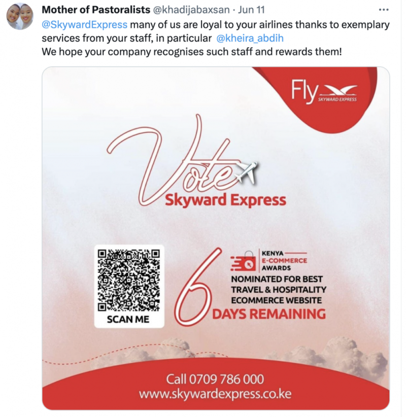   Skyward Express の質の高いサービスに対する顧客の感謝を示すツイート。