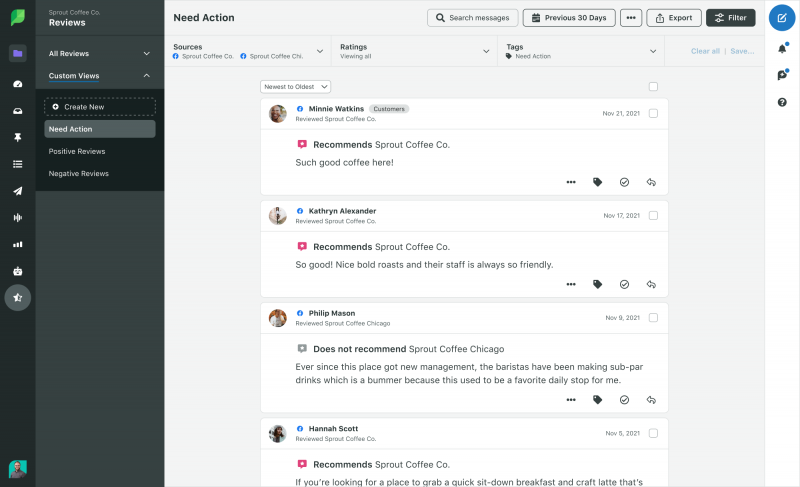 Sprout Social プラットフォームでのアクションが必要な Facebook レビューのスクリーンショット。すべてのレビューは合理的な単一ストリームに取り込まれます。