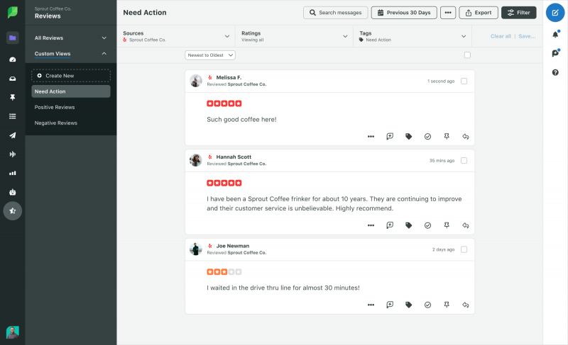 Sprout Social プラットフォームでのアクションが必要な Yelp レビューのスクリーンショット。すべてのレビューは合理的な単一ストリームに取り込まれます。