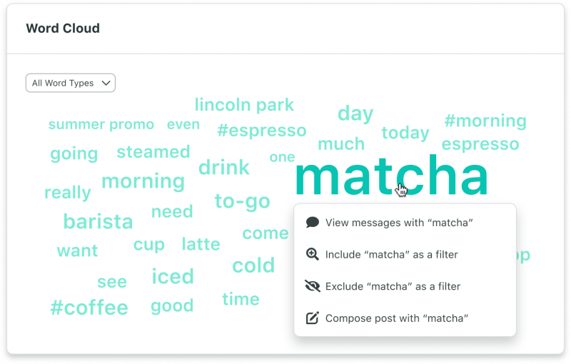 Brote Social's social listening Word Cloud feature, which allows you to see which phrases and hashtags are popular with your audience.