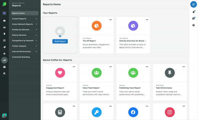   さまざまな種類のレポートを作成するオプションを備えた Sprout Social の分析レポート ダッシュボード