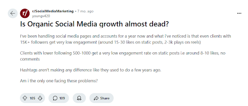   r/SocialMediaMarketing の投稿では、ソーシャル メディアの有機的な成長が終わったかどうかについて議論しています。