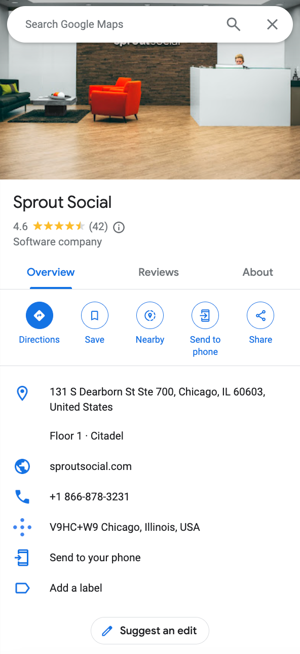 Snímek obrazovky k Sprout Social's Google business profile