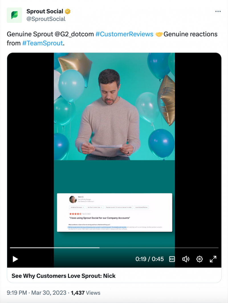 Snímek obrazovky k Sprout Social's Twitter account discussing customer feedback publicly.