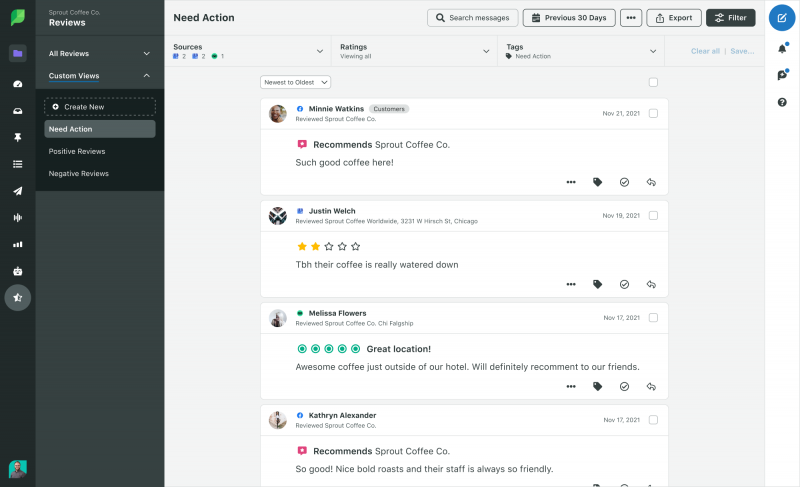 Snímek obrazovky k Sprout's review management features