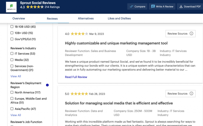   Captura de pantalla de los comentarios de los clientes de Sprout que muestran sus opiniones sobre varios aspectos de la marca.