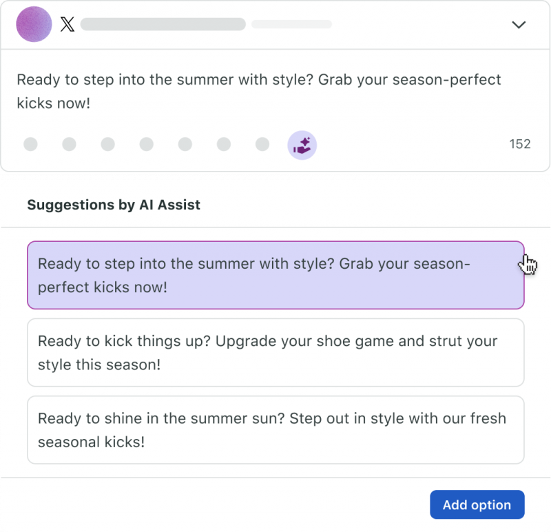 Capture d'écran d'un brouillon d'une publication sociale dans la zone de rédaction de Spout Social, avec la fonctionnalité Suggestions par AI Assist sélectionnée. Trois options réécrites de la publication sociale originale sont suggérées pour la sélection.