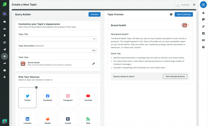   Une capture d'écran du générateur Sprout Social Listening Query. Dans cette capture d'écran, le type de sujet Brand Health est sélectionné.