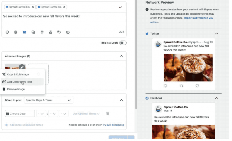   Une capture d'écran de la fenêtre de composition de Sprout Social. Le menu déroulant 'Plus d'options' est sélectionné. La souris survole le bouton 'Ajouter un texte descriptif', situé dans le menu déroulant.
