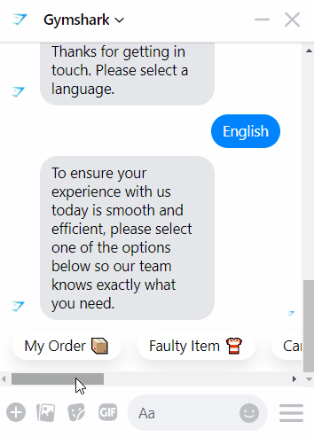 Esempio di Gif che mostra come Gymshark utilizza i chatbot su Facebook Messenger per l