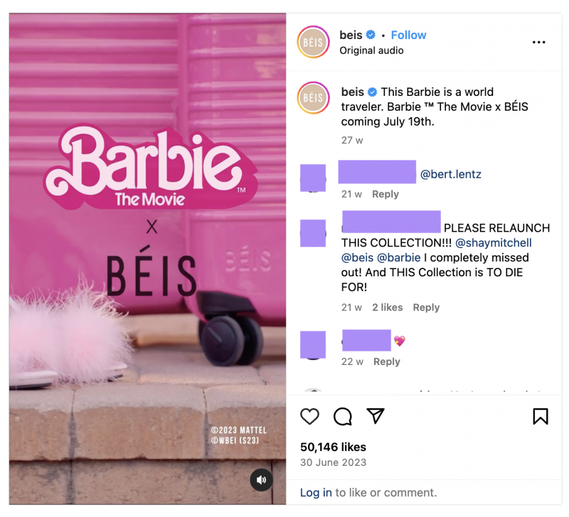   Publicación de Beis promocionando su colección de maletas Barbie™ The Movie x BÉIS.