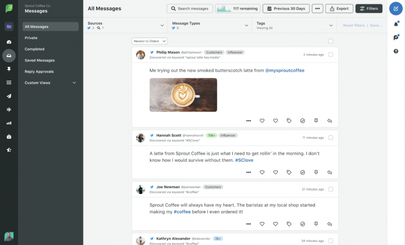 Vista previa del panel de Mensajes de Sprout con filtros como fuentes, tipos de mensajes y etiquetas.