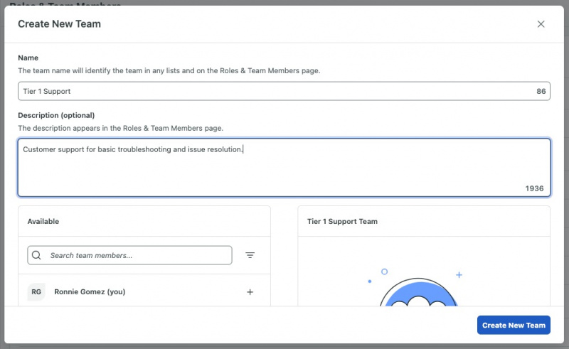 Le"Create New Team" dialogue box in the Settings tab of the Sprout Social platform. The Name field contains the following text: "Tier 1 Support".