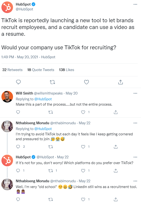 Tópico do HubSpot no Twitter sobre se as empresas usam o TikTok para recrutamento