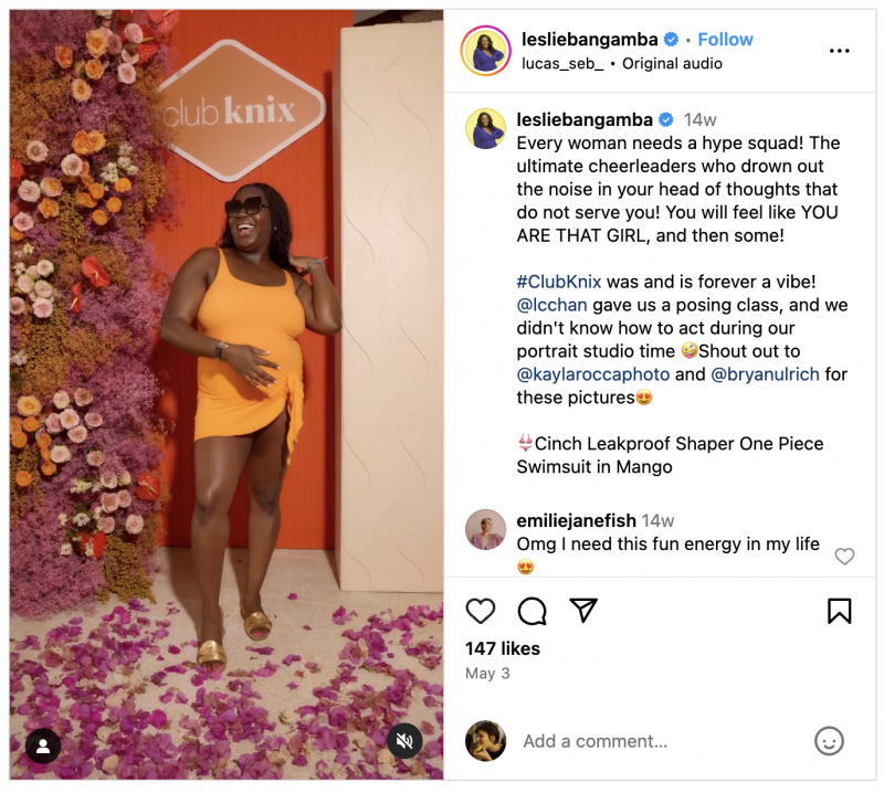   Une bobine Instagram de la créatrice Leslie Bangamba, montrant une séance photo à laquelle elle a participé pendant Knix's Club Nix brand trip to Mexico.