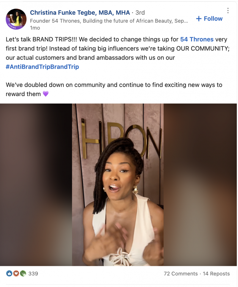   Une publication vidéo LinkedIn de Christina Funke Tegbe, la fondatrice de 54 Thrones, annonçant leur voyage de marque communautaire.