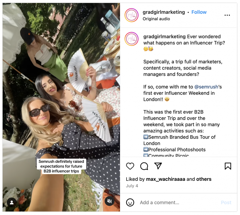   Une bobine Instagram de @GradGirlMarketing, montrant le pique-nique organisé par Semrush dans le cadre de son voyage de marque d'influence à Londres.