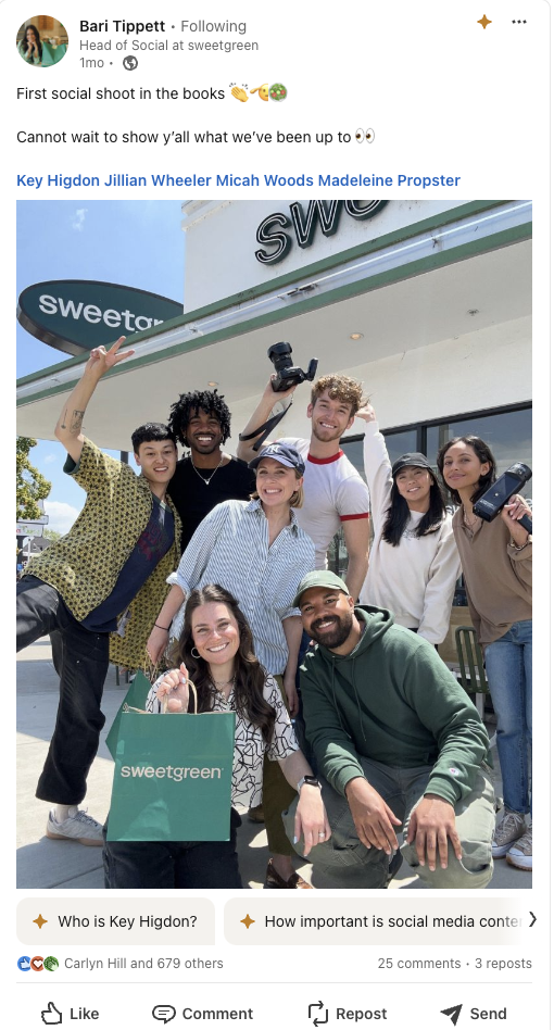   Un post su LinkedIn di Bari Tippet dietro le quinte di uno shooting con il team Sweetgreen.