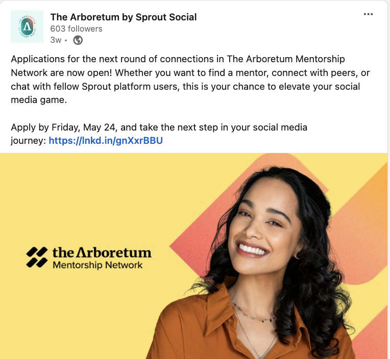   Un post LinkedIn dall'Arboretum di Sprout Social che mette in mostra la comunità's mentorship network