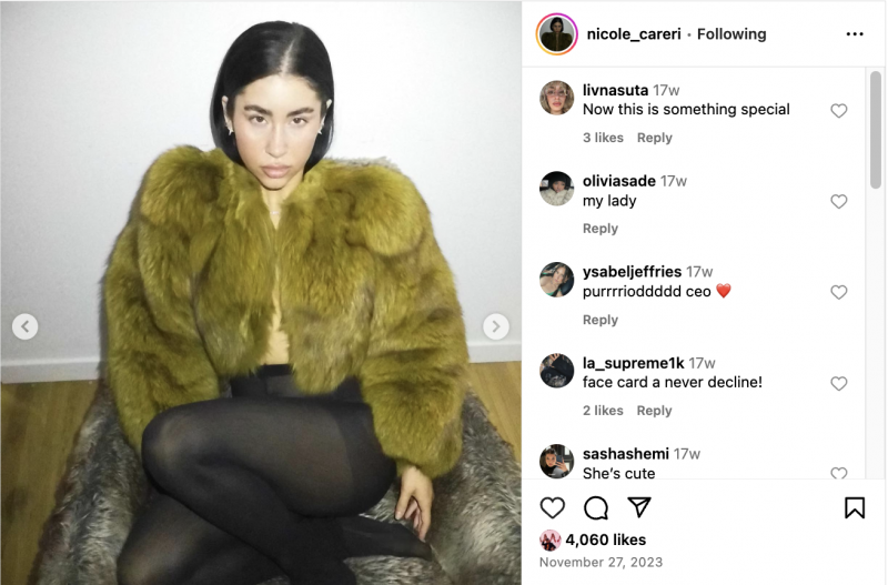   Una publicación de Instagram de Nicole Careri con un abrigo de piel verde y medias.