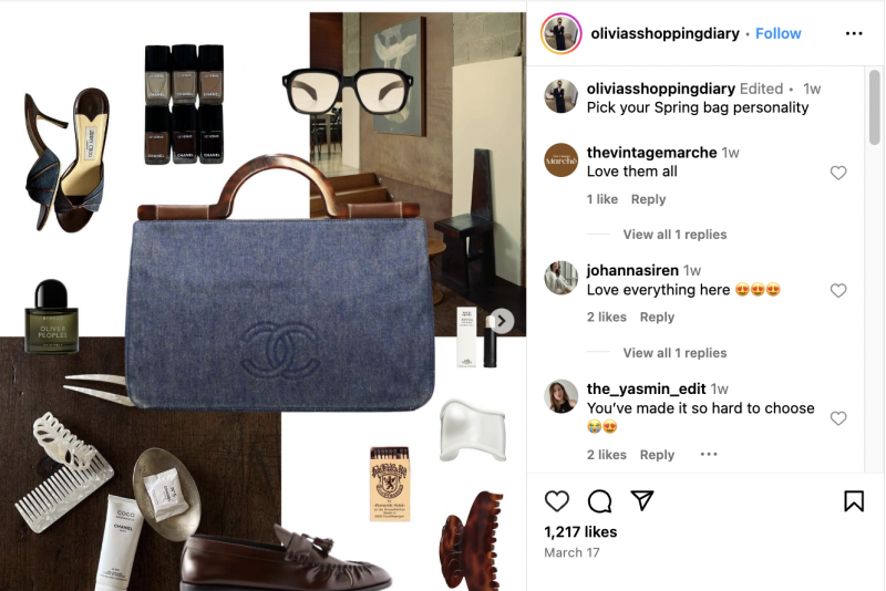   Un moodboard de @oliviasshoppingdiary que muestra accesorios negros y marrones y un bolso de mano Chanel azul marino.