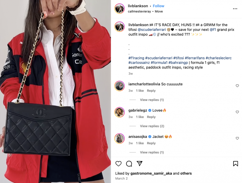   Un carrete de Liv Blankson. En el video, ella diseña un atuendo inspirado en la Scuderia Ferrari.